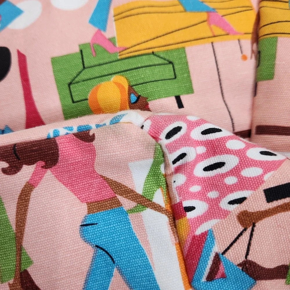 NEIMAN‎ MARCUS Tote Bag Womens Large Pink Canvas Bamboo Handle Cartoon People